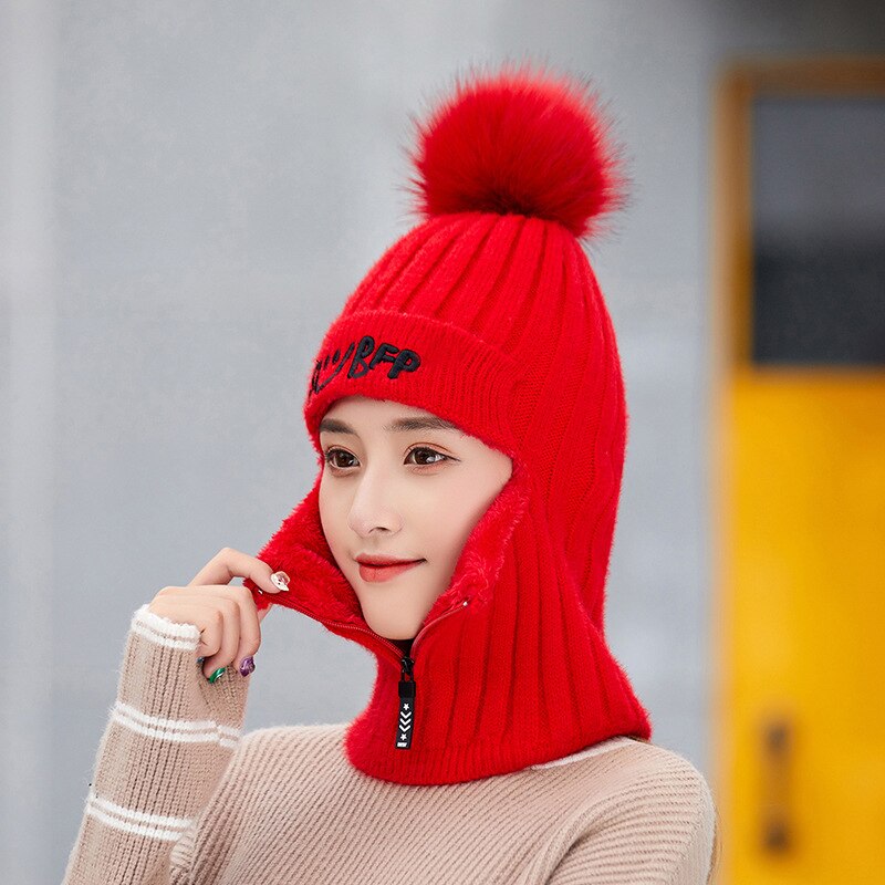 Jodimitty 2 -delige gebreide muts en sjaalset met haarbal en pompon, dikke winterwarme, schattige meisjesletter met smiley en rits: Volwassen rood