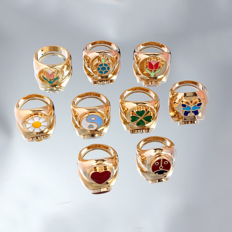 Voel Emaille Daisy Tulp Schildpad Vlinder Ringen Punk Plant Dier Goud Kleur Metalen Ringen Voor Vrouwen Sieraden