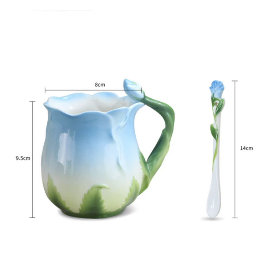 NOOLIM 3D Rose Coffee Cup Enamel Tea Cup Set With Spoon Saucer Cups Ceramic European Bone China Drinkware