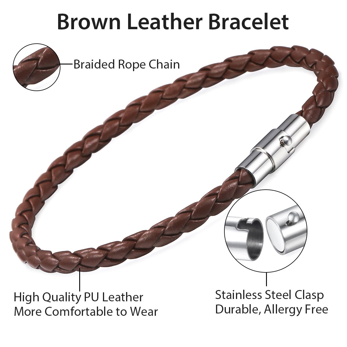 Davieslee 4/6/8mm Leather Bracelet For Men Black Braided Rope Stainless Steel Clasp 20/23/25cm Men's Bracelet DLBM118: 4mm Brown LB723 / 9inch 23cm