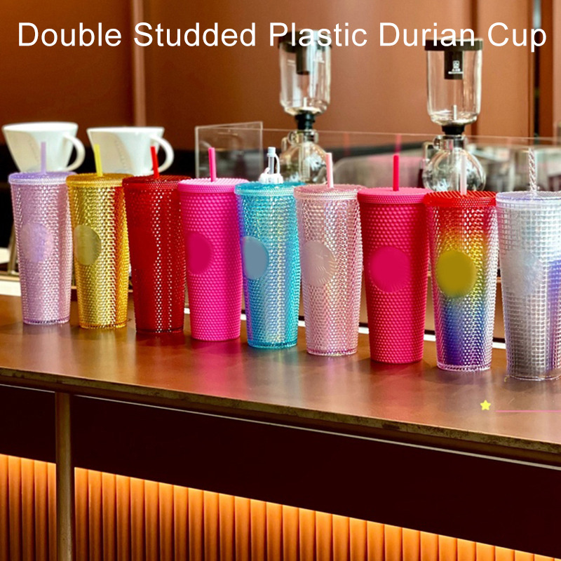 710ml Kaffee Tasse Sommer Kalten Wasser Becher Becher Tasse Mit Stroh Doppel Schicht Kunststoff Durian Diamant Strahlende Göttin tassen