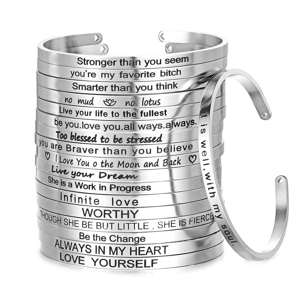 4mm Quotes Mantra Bracelets 316L Stainless Steel Open Cuff Bangle Female Inspirational Jewelry Bracelets SL-149