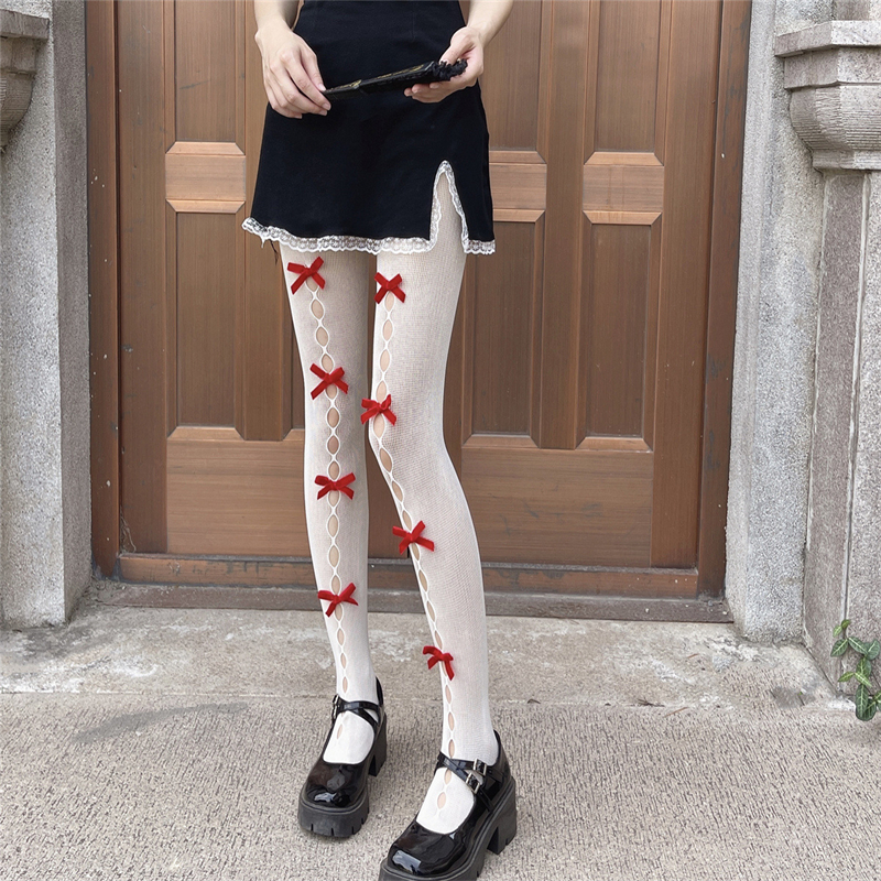 medias mujer Medias de Lolita para mujer, medias de rejilla huecas con lazo, pantimedias negras y blancas, estilo Kawaii japonés, nueva medias sexys mujer medias goticas medias rejilla: white red bow