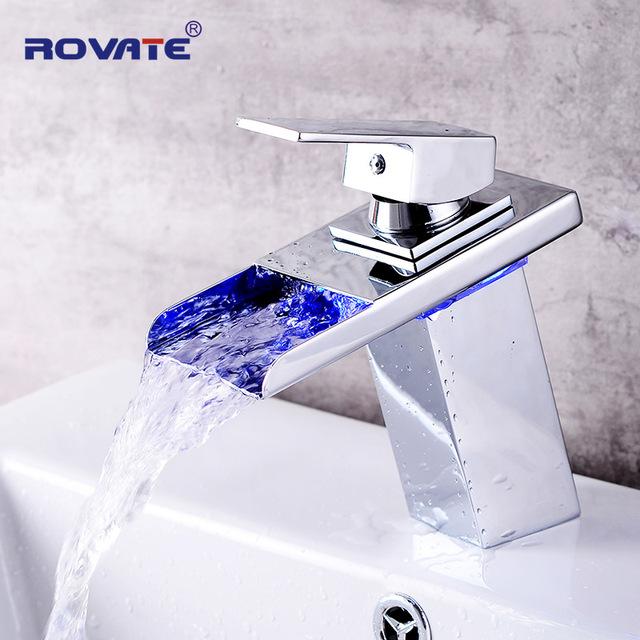 Led håndvaskarmatur messing vandfald temperatur farver skift badeværelse armatur vandhane monteret vask vask glashaner: 102-1