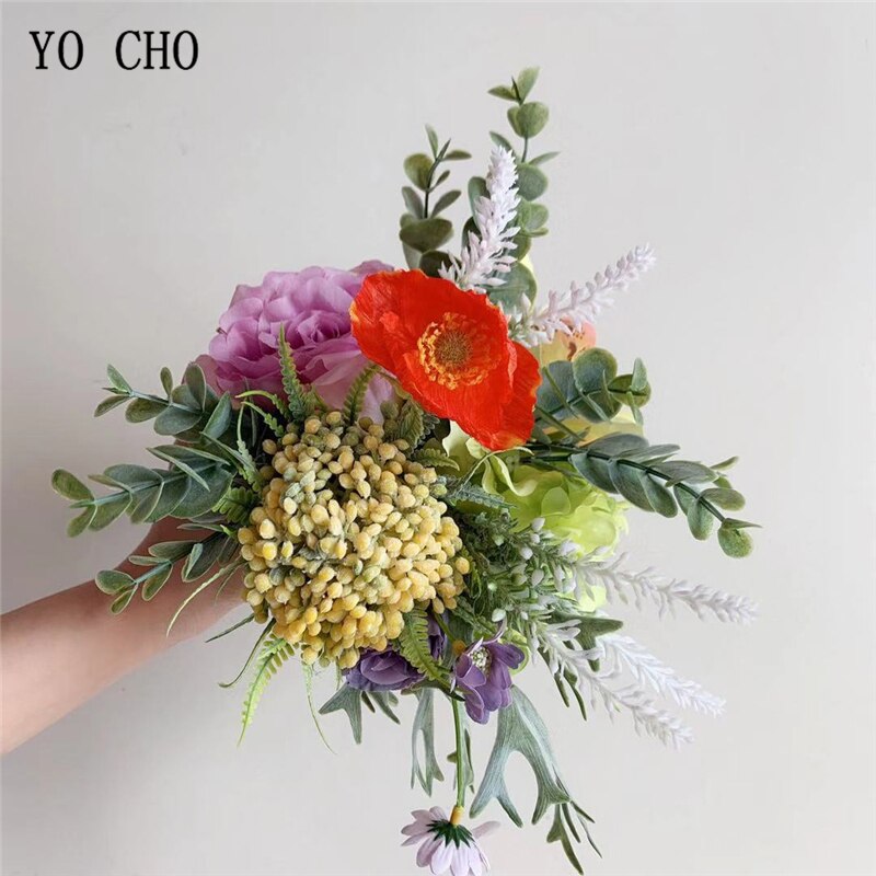 YO CHO Rose Boeket Bruid Bruiloft Bloem Boeket Kunstbloem Zijde Hydrangea Lavendel Orchidee Daisy Fruit Wedding Supply