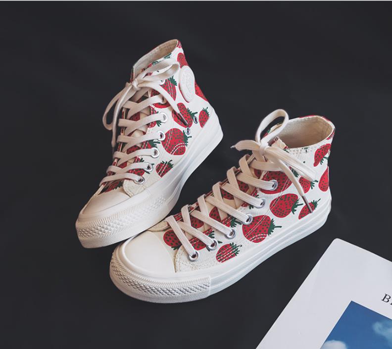 Femmes chaussures fraise toile chaussures haut coréen avec rétro Hong Kong style conseil chaussures chaussures plates chaussures vulcanisées: 03strawberry / 6.5