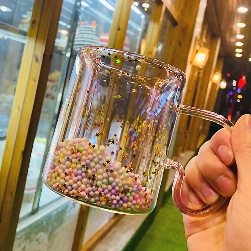 Girly Heart Sequins Korea Star Mug Heat-resistant Glass Double-layer Coffee Cup with Handle