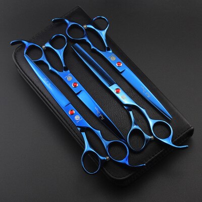 7.0 inch Professionele Huisdier Schaar Hond Verzorgen Schaar Set Straight &amp; Gebogen &amp; Dunner 4 stks Set Huisdier haircut Gereedschap: Blue   P-704