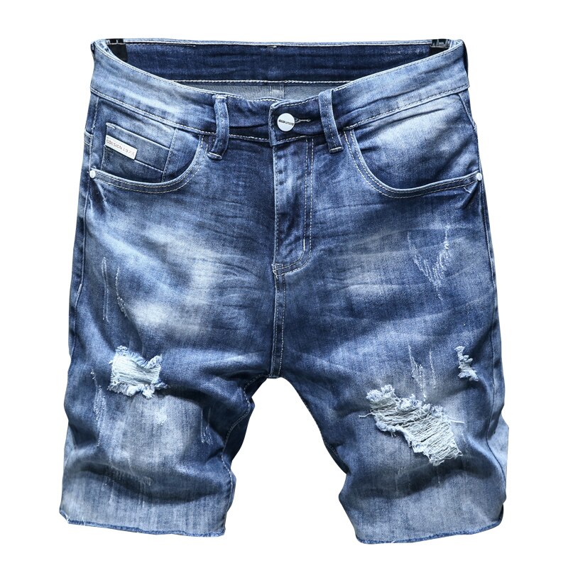 Summer Men's Ripped Short Jeans Casual Trend Stretch Blue Denim Shorts Male Brand Clothes: 38