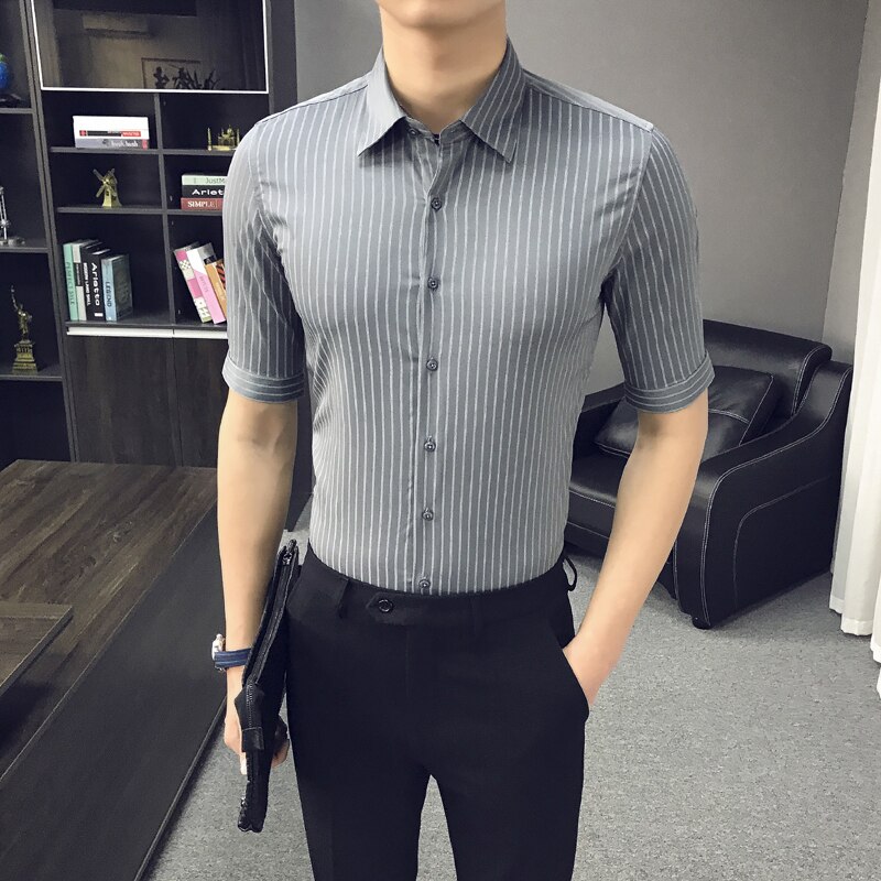 Brittiläinen kesä miesten raidalliset paidat puolihihainen paita miesten slim fit bisnes juhlavaatteet pusero miesten vaatteet 3xl: Harmaa / Aasialainen  m 48-52kg