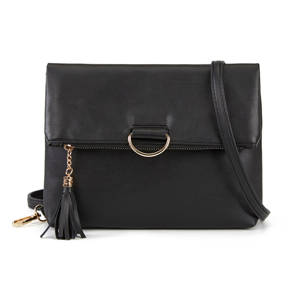 Quasten Frauen Schulter Umhängetasche PU Leder Geldbörse Feste Farbe lässig Damen Mädchen Crossbody Handtaschen: Schwarz