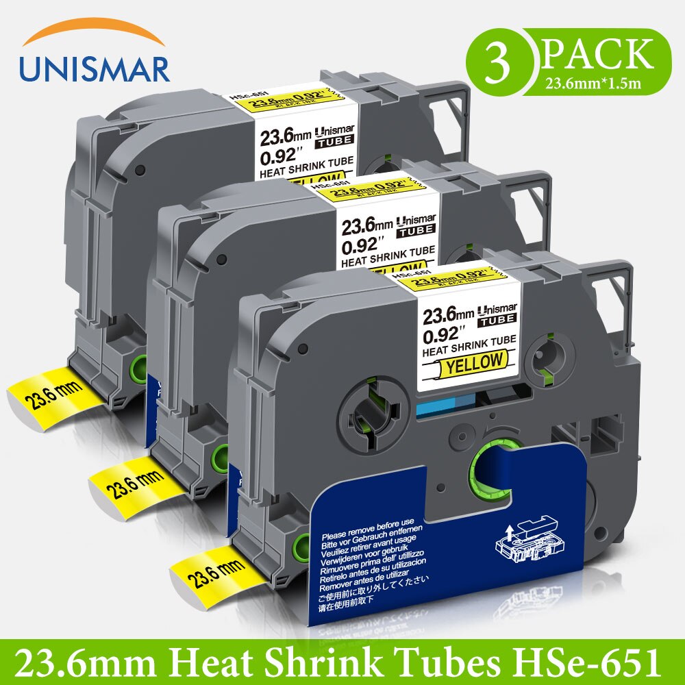 Unismar 3PK Label Maker for Brother Hse HSe-651 HSe651 HS651 HS-651 Black on Yellow Heat Shrink Tubes Label Tape 23.6mm x 1.5m: 3PK Black on Yellow