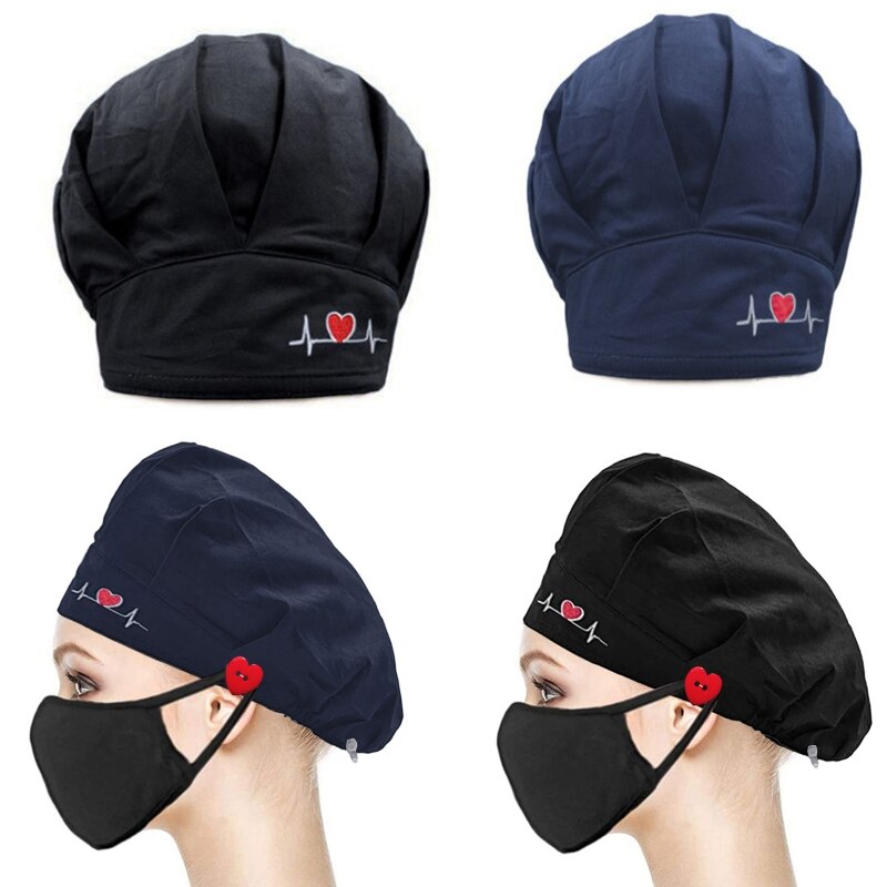 Doctor Nurse Bouffant Hat with Buttons Sweatband Polka Dot Dustproof Working Cap