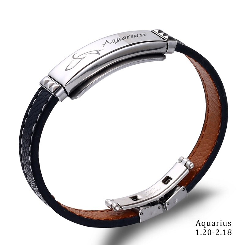 Pulsera de acero inoxidable con 12 Constelaciones para hombre, joyería de , Charm, cuero negro, signos del zodiaco informales, Punk,: Aquarius