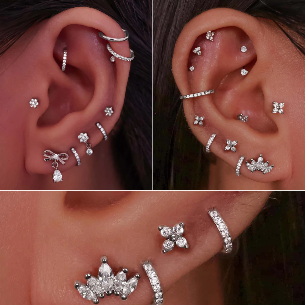 1PC Surgical Steel Cz Ear Tragus Cartilage Earrings Clear Zircon Flower Lobe Helix Earring Barbell Piercing Body Jewelry 20G