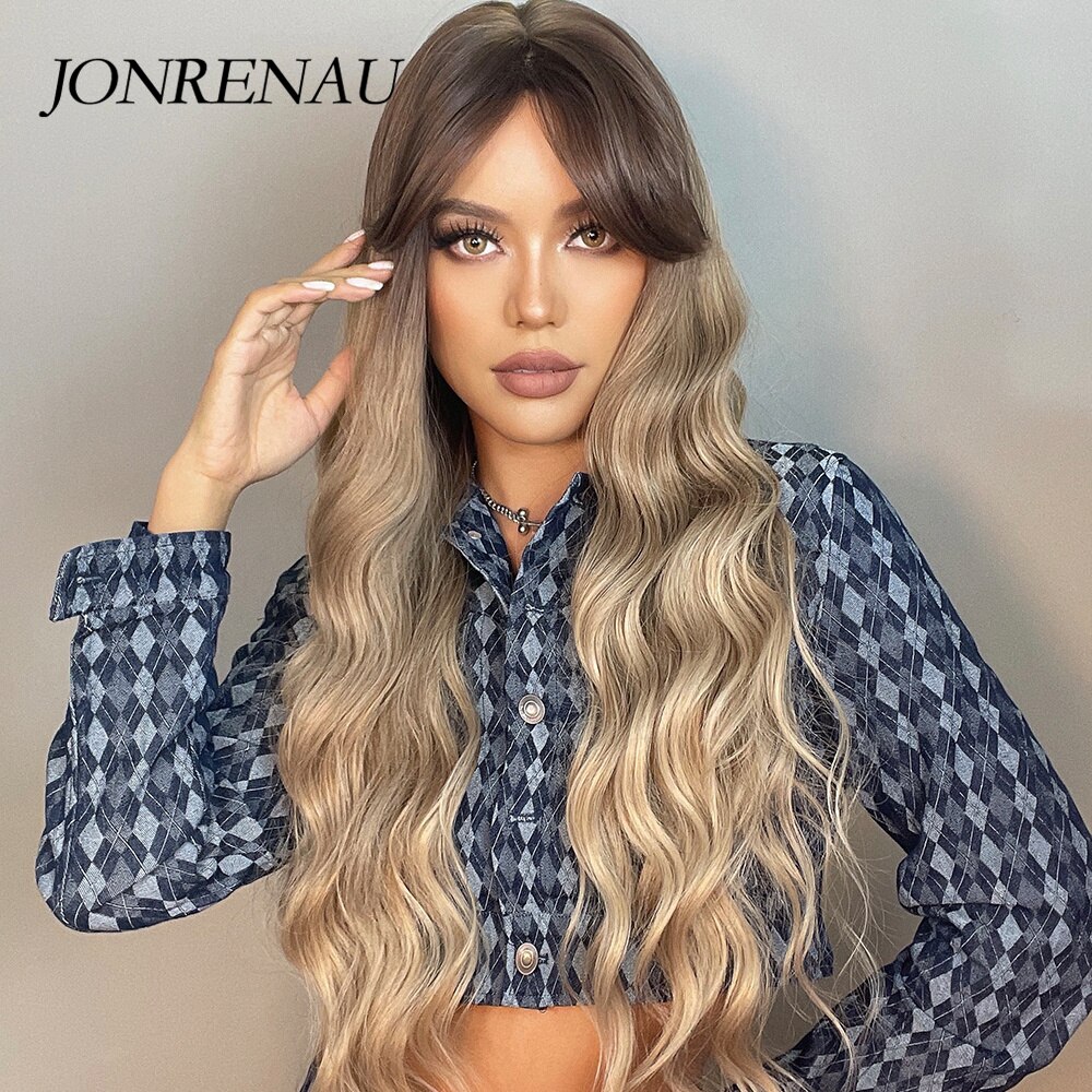 JONRENAU Long Wavy Brown to Light Brown Ombre Synthetic Wigs Partial Fringe Natural for Women Daily Party Wig Heat Resistant