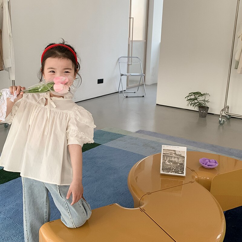 Blusa de manga corta con lazo para niñas, camisa a la de verano, 2022