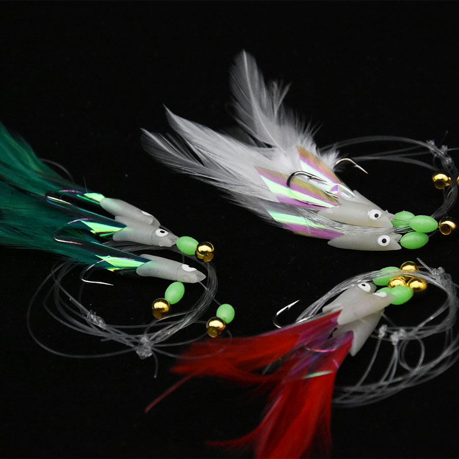 JYJ 3-Haken/Set leuchtender Fischkopf-Angelköder, Einzelhaken, Tack-Köder, Jigs, Wurmfischen, Sabiki-Schnurhaken