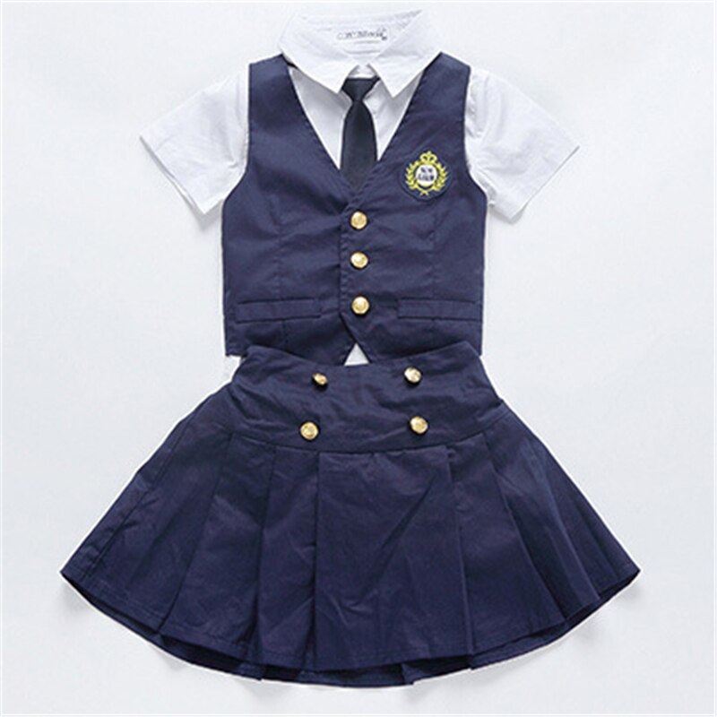 Children Navy Blue Cotton Japanese School Uniform for Girls Boys Pleated Student Korean Style Vest Shirts Pants Skirt Overalls: Girl Suit / 100cm height