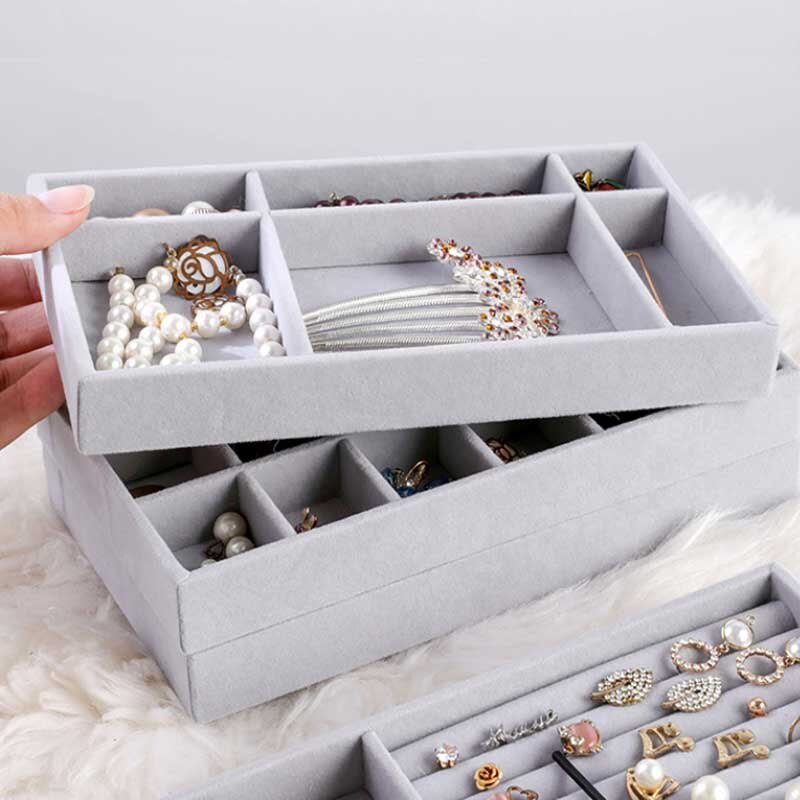 Caja de joyería artesanal hecha a mano, cajón organizador de almacenamiento de joyas de terciopelo suave gris, pendientes, collar, colgante, pulsera, bandeja, 9 opciones
