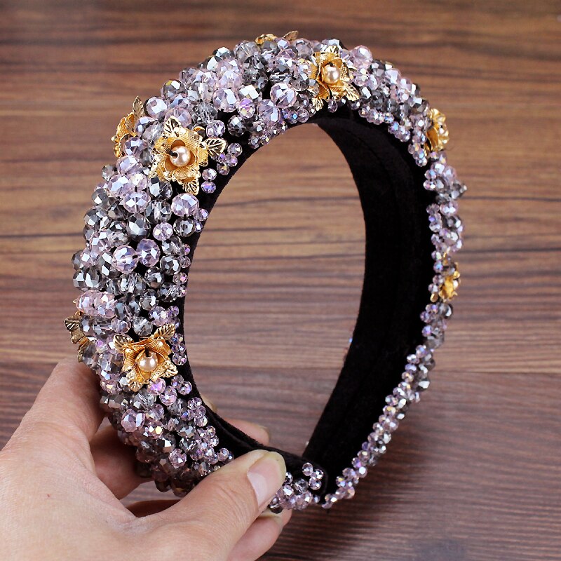 Boho Pieno Splendido Diamante Imbottito Barocco Fasce di Cristallo di Lusso Hairbands Per Le Donne Del Rhinestone Tiara Bling Accessori Per Capelli: purple