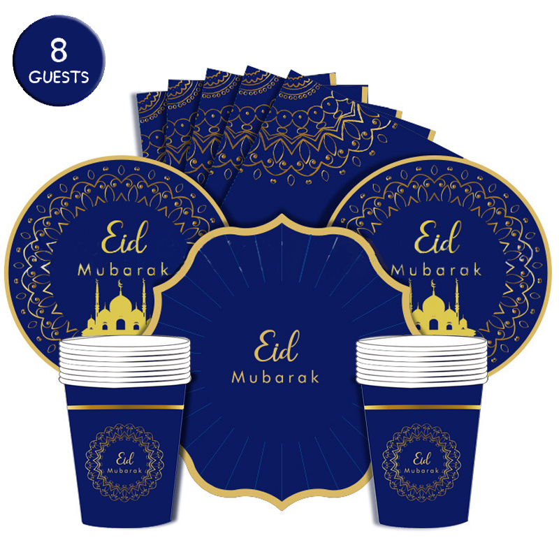 Blue Eid Mubarak Disposable Tableware Serves 8 Guests Aid Mubarak Plate Napkins Happy Eid Mubarak Party For Eid Al-Fitr