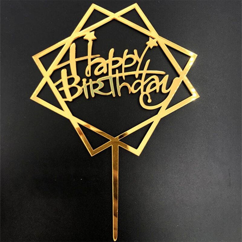 Happy birthday love flag cake topper van acryl met gouden en zilveren letters. decoratie voor een verjaardagsfeest of bruiloft.: G201139