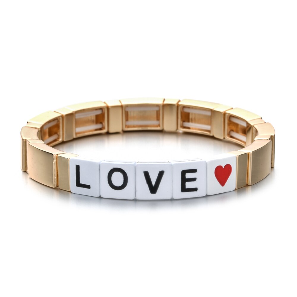 Mode Kleurrijke Regenboog Emaille Tegel Armband Vrouwen Meisjes Brief Liefde Armbanden Elasticiteit Manchet Bangles Partij Sieraden