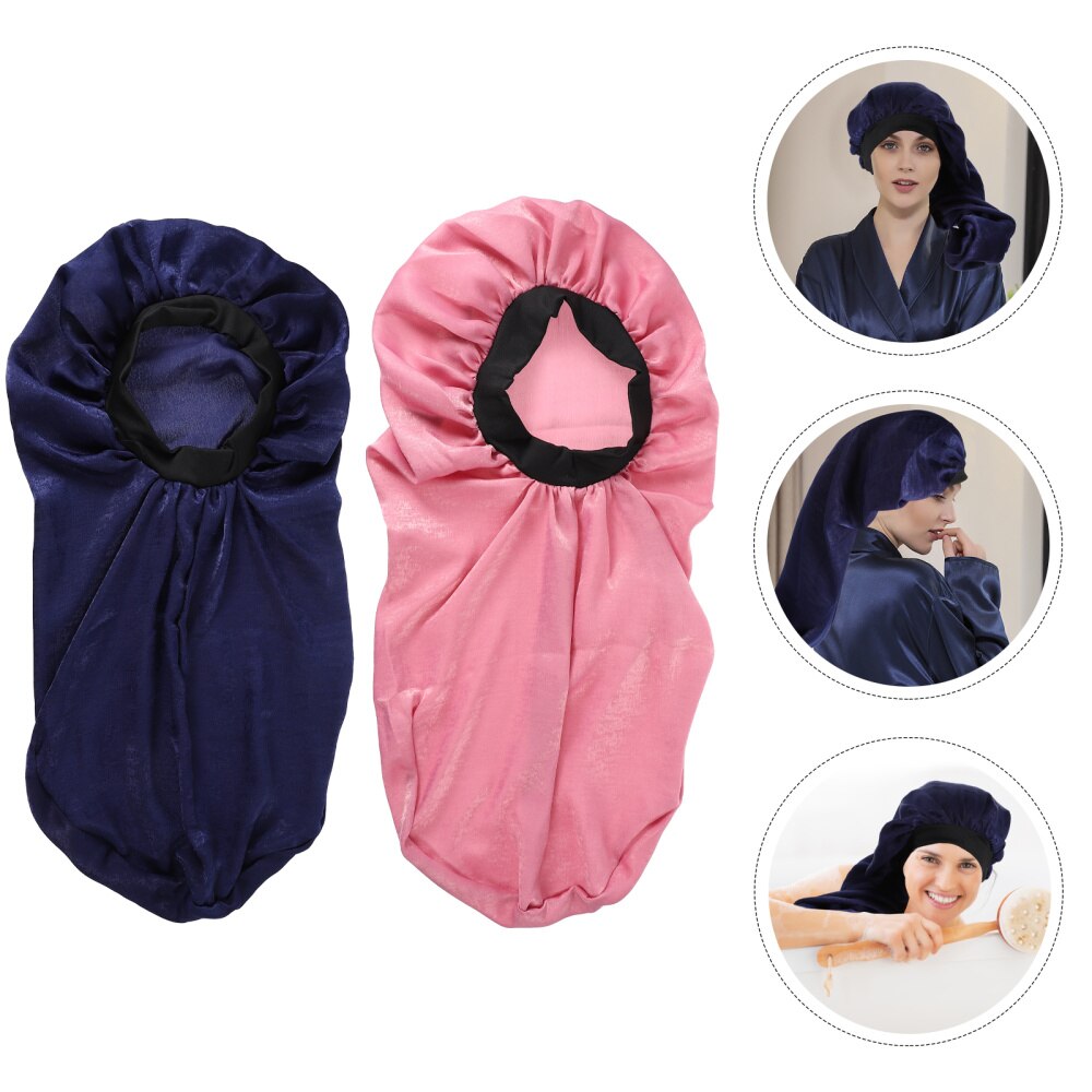 2pcs Delicate Soft Long Tail Nightcap Long Tail Silk Sleeping Cap For: Pink Navy