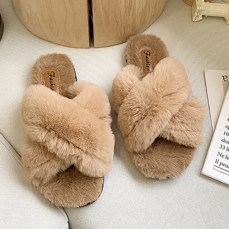 Hjemmesko kvinder varm vinter fluffy pels hus rutsjebaner sko damer blødt plys fladt soveværelse hjem kvinder hjemmesko indendørs: Khaki / 5