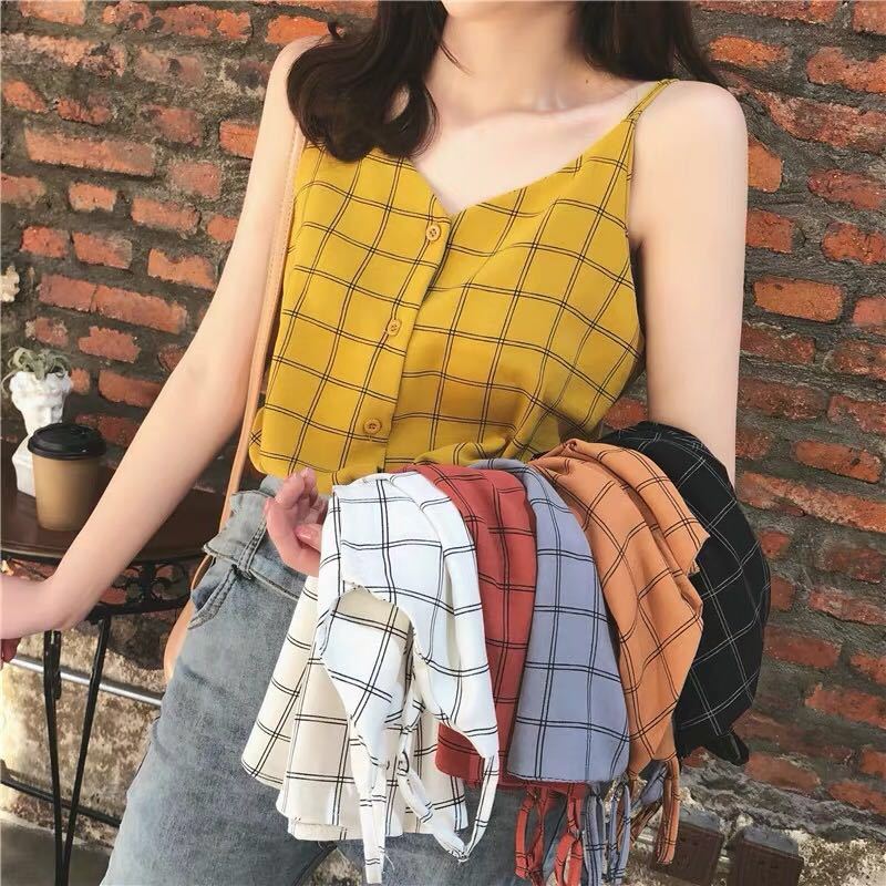 Women Plaid Sling Shirt Female Short Sleeve Elastic Blouse Summer Lady Small Tops