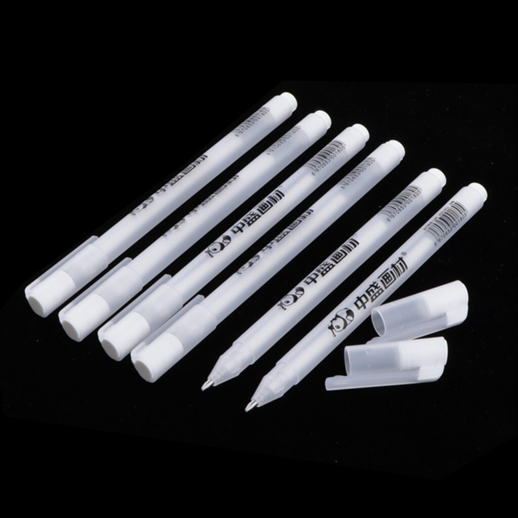 6x Wit Marker Pen Tekening Schilderen Kleuring Markering Kunstenaar Schetsen Pen
