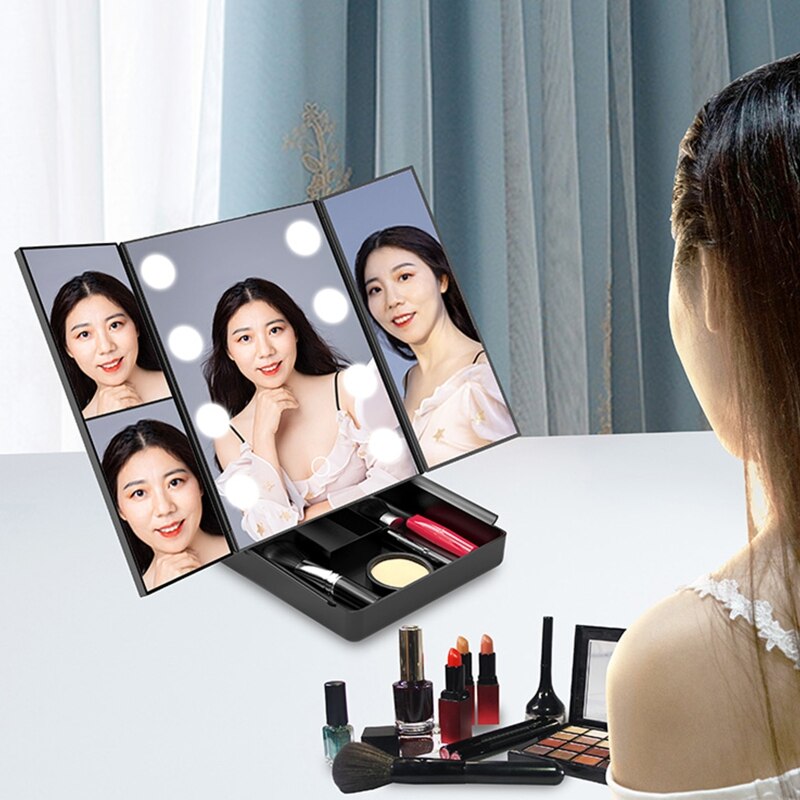 Trifold Led Makeup Mirror with Storage Box Vanity Lighted Mirrors 180 Degree Rotatable for Home Bedroom Bathroom Travel