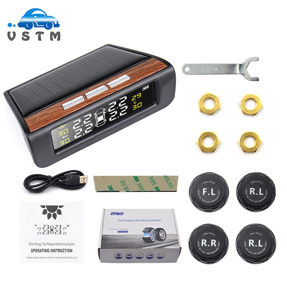 Solar Smart Car Digital Tyre Pressure Monitor System TPMS Tire Security Warning High Temperature Alert External sensors