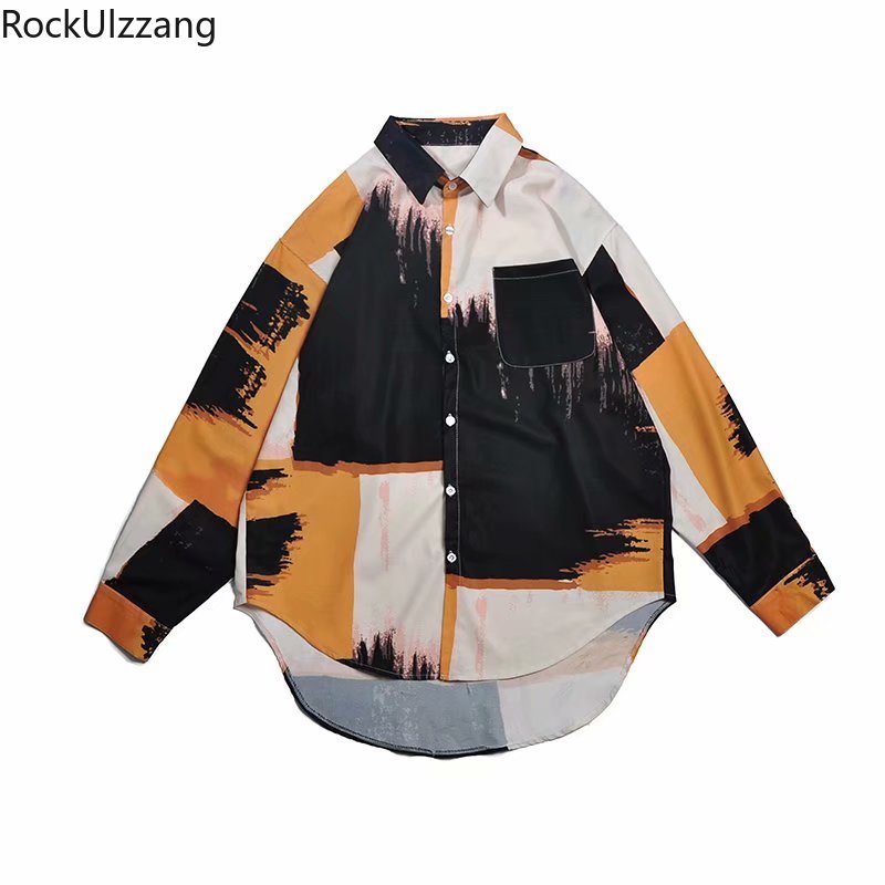 Plus Size Long Sleeve Harajuku Top Shirt Men Woman Contrast Tie Dye Print Pocket Blouse Streetwear Hip Hop Japanese Punk