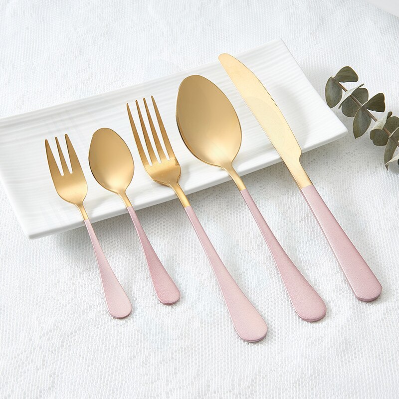 Bordservice bestiksæt rustfrit stål bestik middagssæt bestik til restauranter middagssæt knive gafler skeer: Pink guld 5 stk