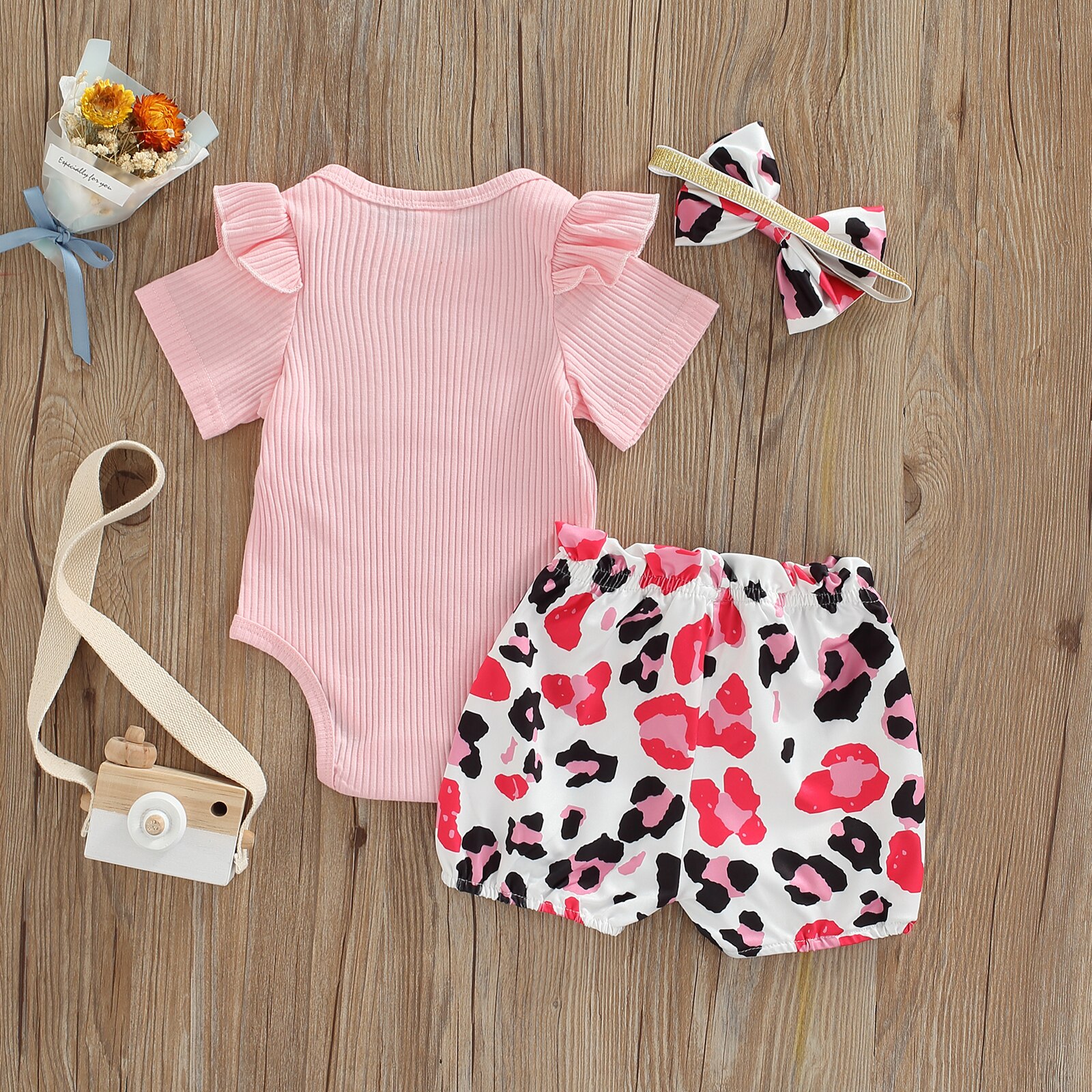 Ensemble de vêtements d'été pour bébés filles de 0 à 18M, barboteuse à manches courtes + Short imprimé léopard/tournesol, I GOT IT FROM MY MAMA, 3 pièces, 2022