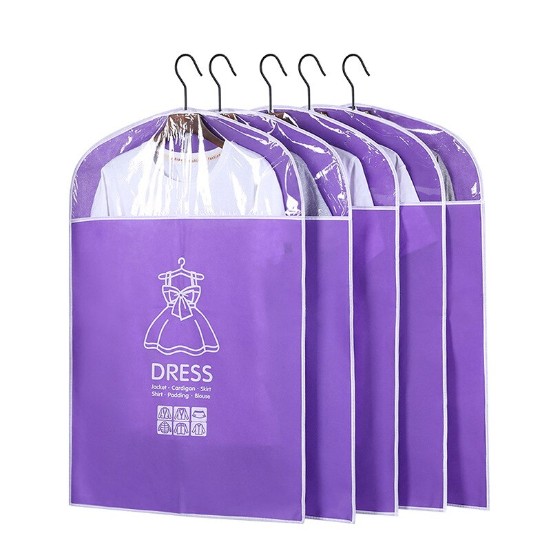 5Pcs/Set Closet Hanging Clothes Dust Cover Waterproof Garment Bag Wardrobe Suit Coat Dress Organizer: Purple   M