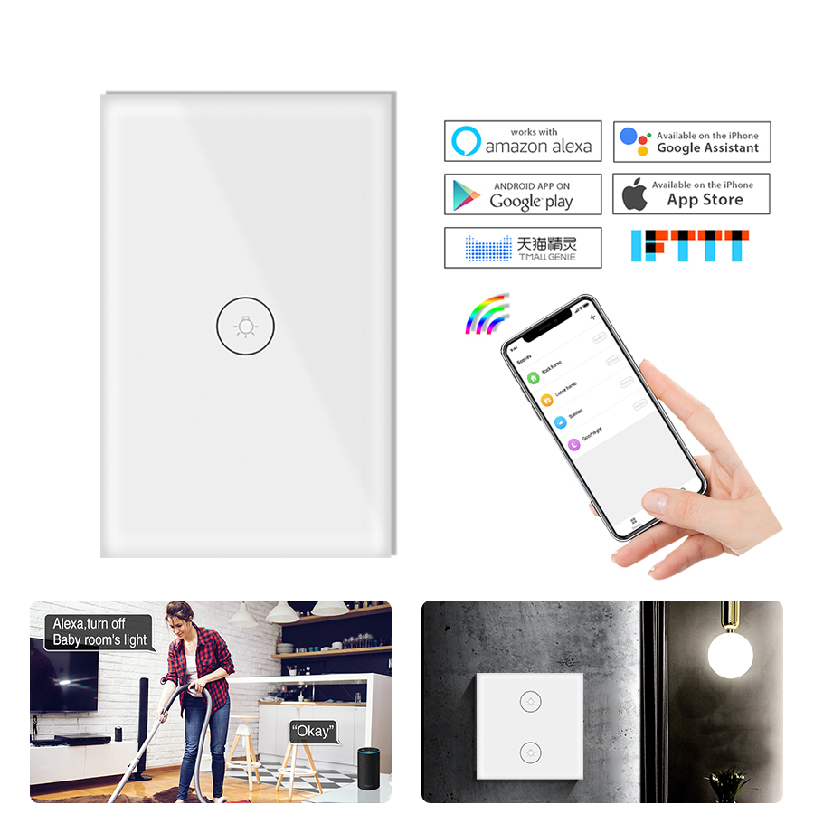 Tuya smart wifi switch smart life app alexa google home remote smart home wall touch switch eu  us 1 2 3 gang væg lys switch