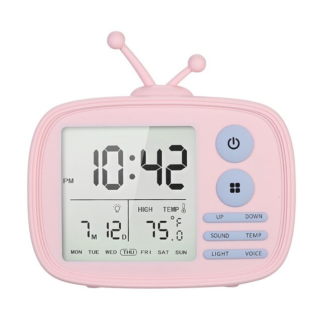 USB Rechargeable Retro TV Set Alarm Clock Digital Clocks LED Time Temperature Date Week Display Alarm Clock: Pink