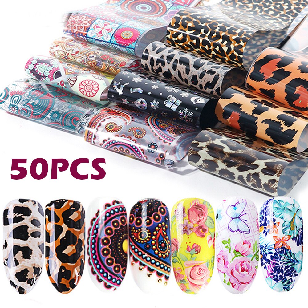 50Pcs Nail Stickers Manicure Bloem Luipaard Print Retro Solid Sliders Voor Nagels Inscripties Nail Art Decoratie Sticker Tips: Default Title