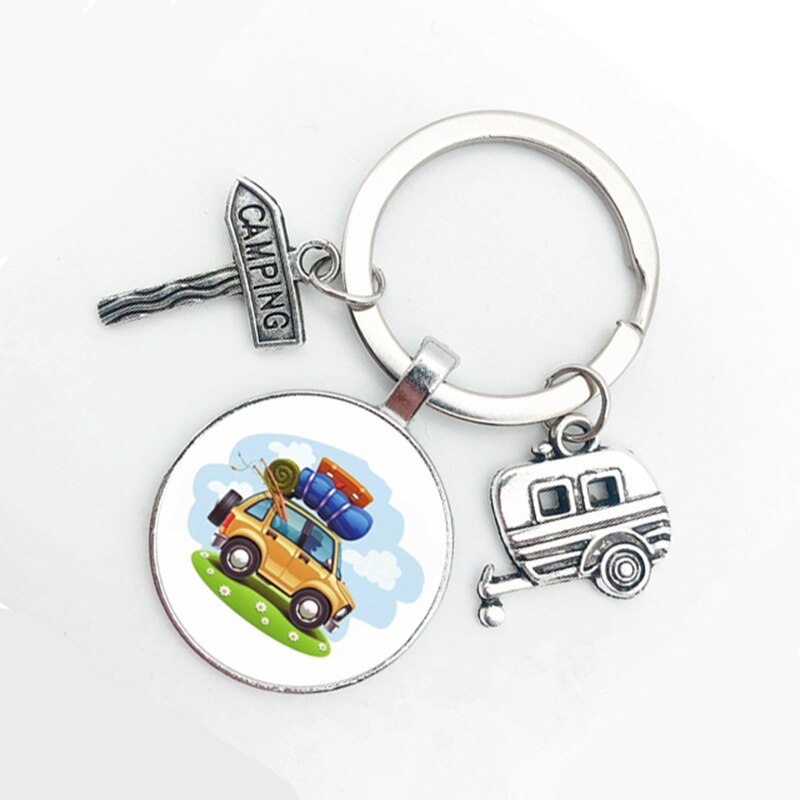 Cute Camper Wagon Keychain, I Love Camping Keychain, Trailer Signpost Keychain, Vacation Travel Memorial
