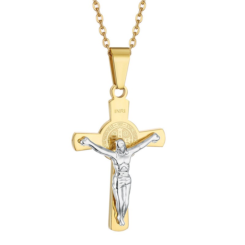 Vintage croix INRI jésus croix Crucifix pendentif et colliers hommes Christian lien chaîne bijoux de or argent couleur collier: Gold silver tone