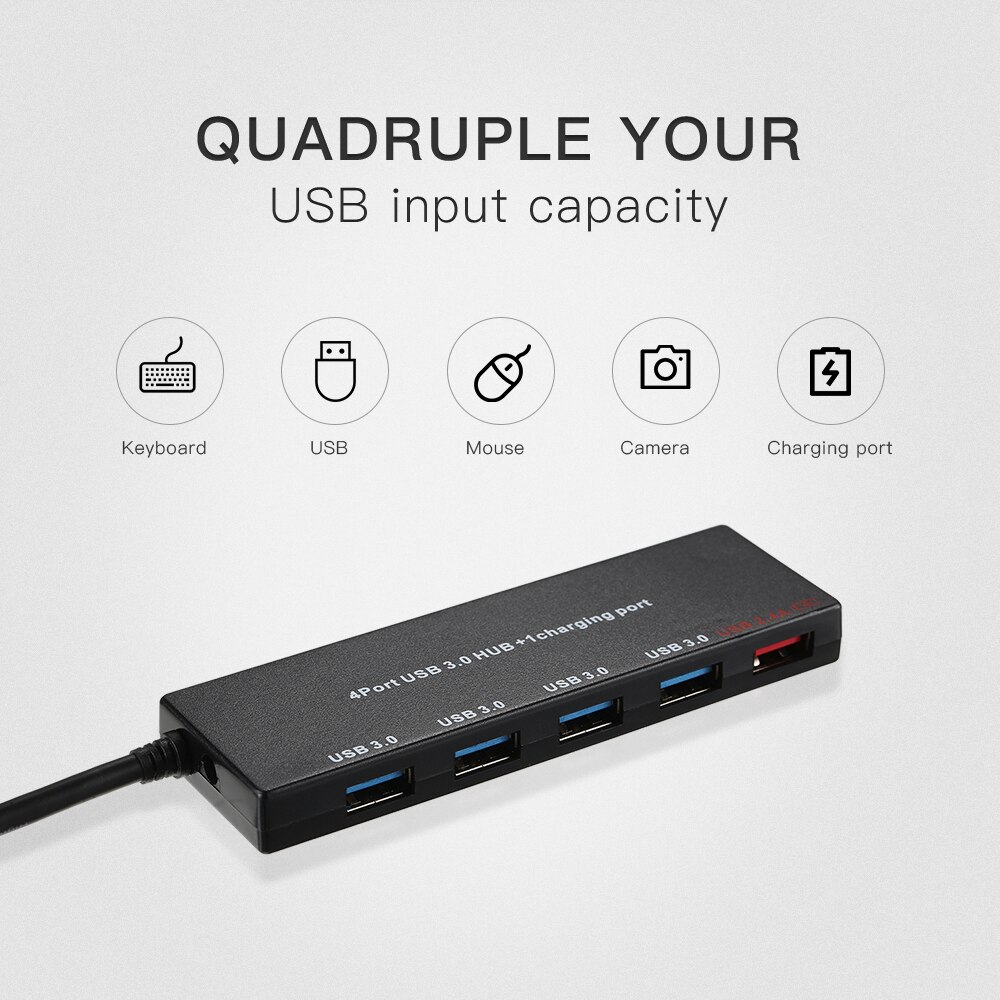 5 Ports High Speed Mini Portable USB 3.0 Hub 5Gbps Transfer Speed With Dedicated Charging Port 2.4A Port (Black)