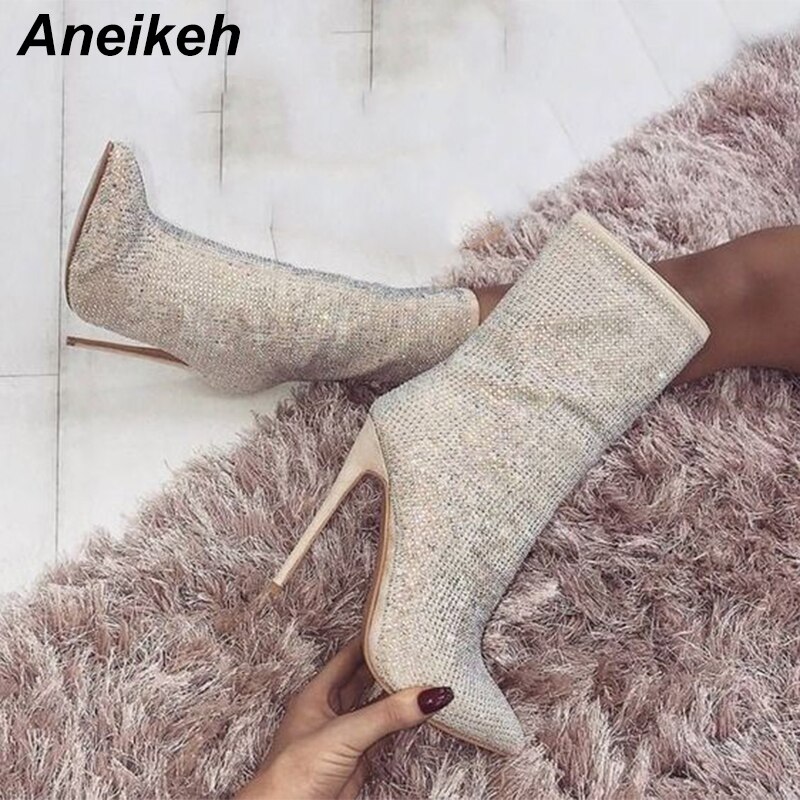 Aneikeh höst glitter skor höga dam ankelboots strass spetsig tå tunna klackar chelsea boots skor stl 35-40