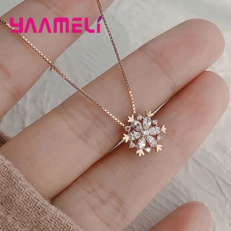 Winner Christmas Luxury 925 Sterling Silver CZ Diamond Rhinestone Snowflake Pendant Necklace Short Collar Chokers