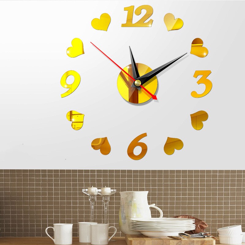3D Wall Clock DIY Acrylic Large Frameless Mirror Number Sticke Art Decal Living Room Decor Wall Clock Modern: Gold-1