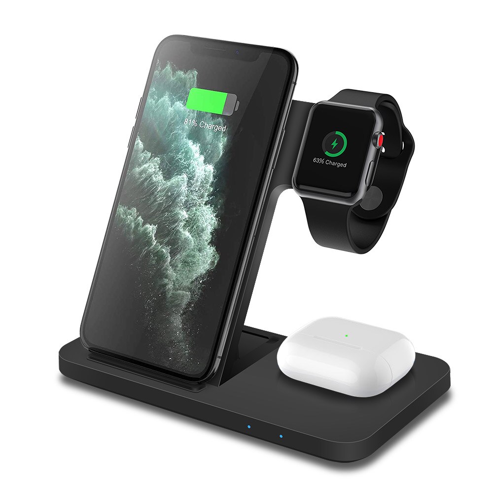 15W 4 In 1 Wireless Charger Dock Station for iPhone 13 12 11 X XS XR 8 Apple Watch 7 6 5 4 3 Airpods Pro Qi Fast Charging Stand: 3 in 1 Black