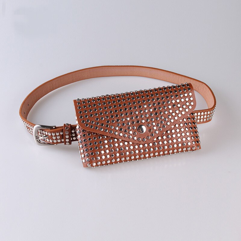 Women Waist Bag Female Belt Brand Pu Leather Purse Rivet Fanny Pack Ladies Waist Pack Belly Bags: Brown