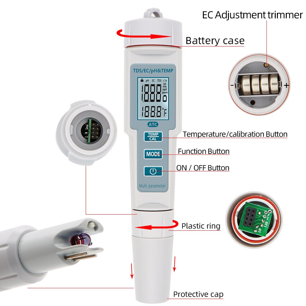 4 in 1 ph/ tds/ec/temp mätare vattentät ph-mätare vatten ph-testare för pooler, dricksvatten, akvarier 40%  off